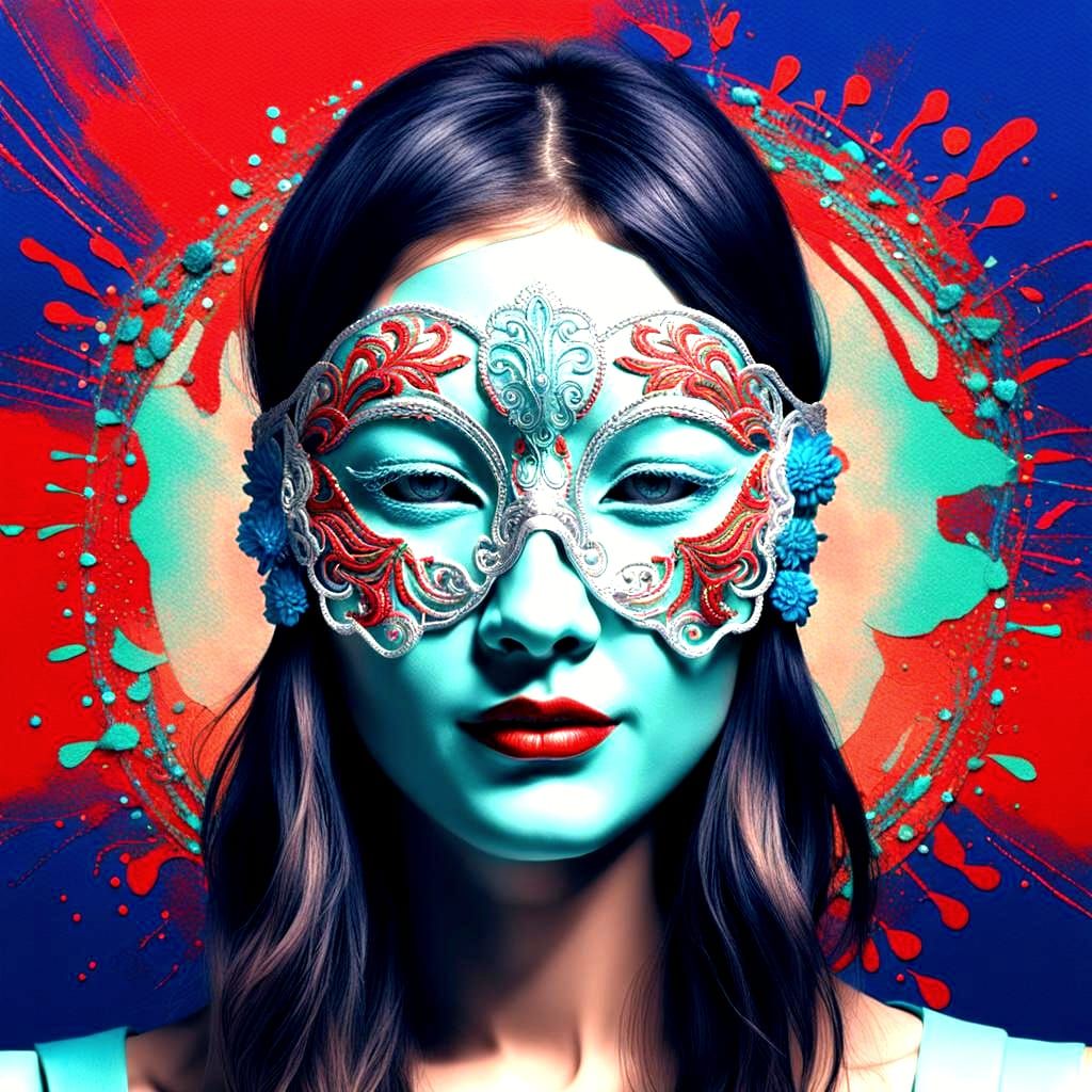 Ethereal soft digital art. Mid shot, Head and shoulders portrait of an abstract female face wearing silver embroidid eyemask with an express...