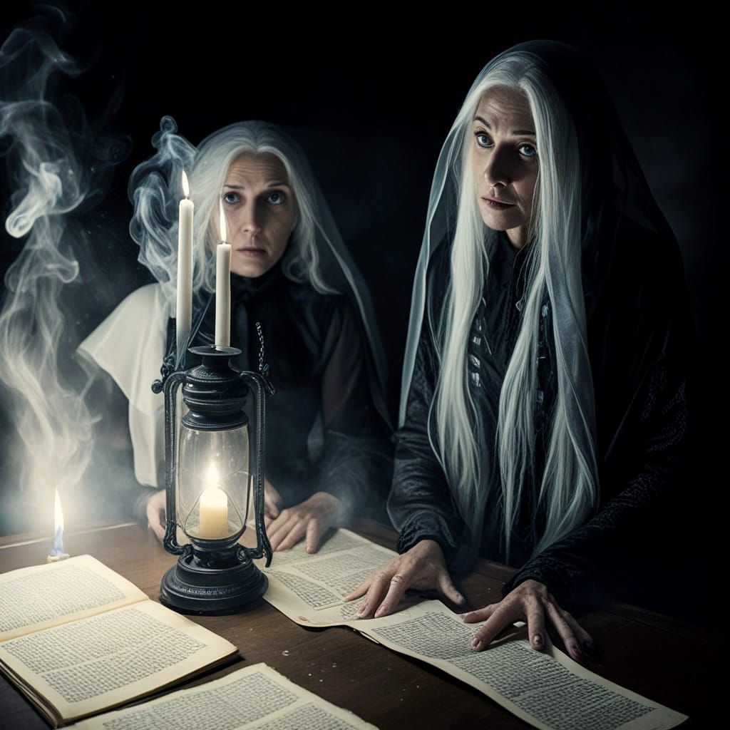 Mysterious Lady Surrounded by Apparitions in Surreal Moonlig...