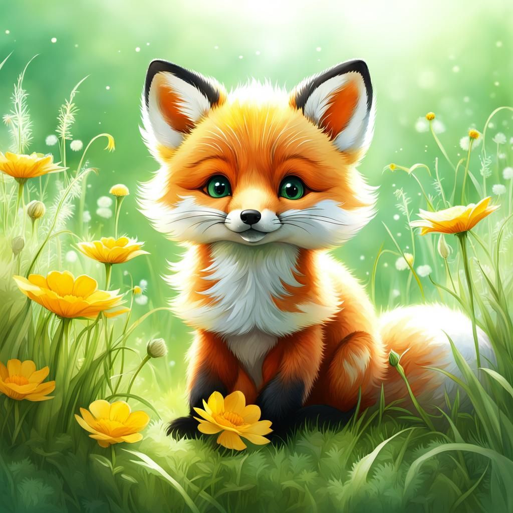 Baby fox and buttercups  by @Fearn