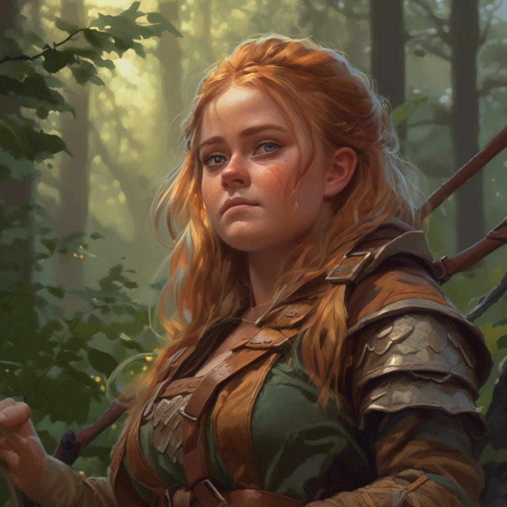 Epic female halfling ranger, hunting in forest, brown leather, head and ...