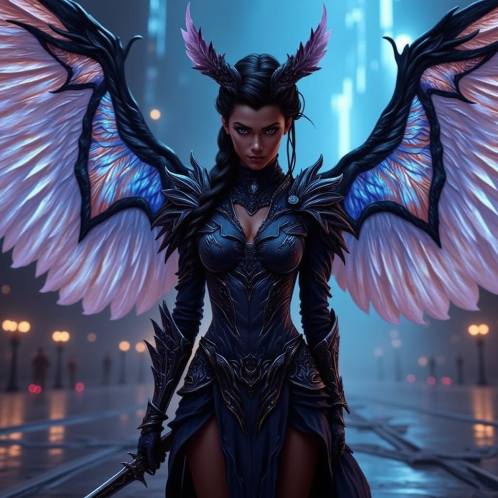 <lora:HyperRealistic Wings:1.0> Elegant dark skinned Elvin female with soft glowing blueish-white wings on her back, wearing a ornate suit o...