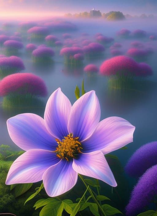 A Insanely detailed matte painting of fantastical dreamy beautiful heavenly Morning Glory flowers; Landscape characteristics: riverside, mis...