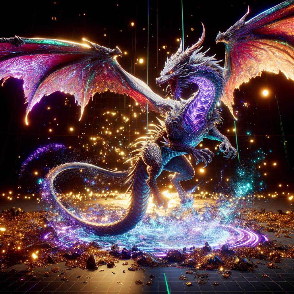 500k, photorealistic, medium shot, super high quality. Legendary, centered, neon highlighted, shimmering dragon, wings extended, full body p...