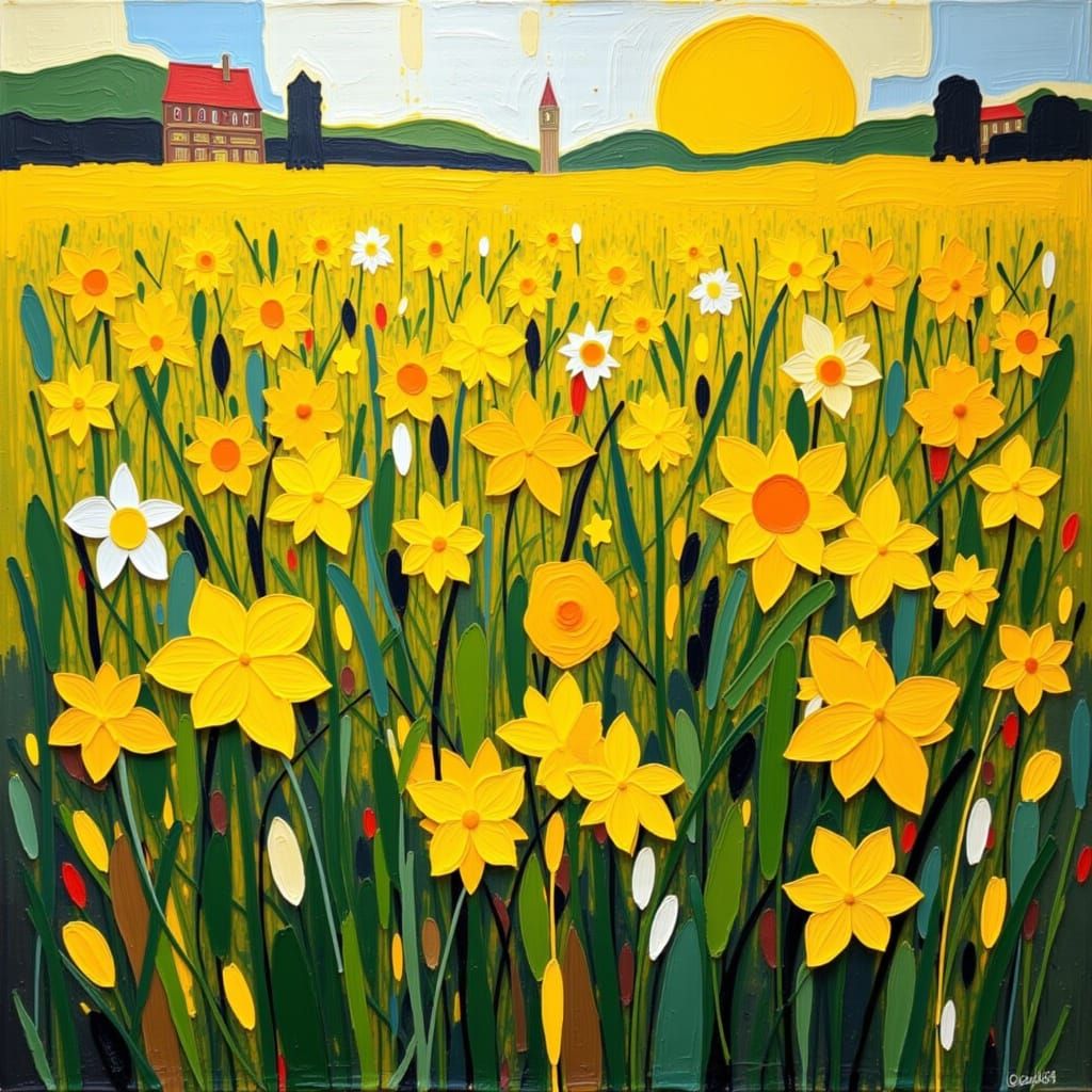 <lora:GazVibrantAbstract:1.0> A field of yellow daffodils