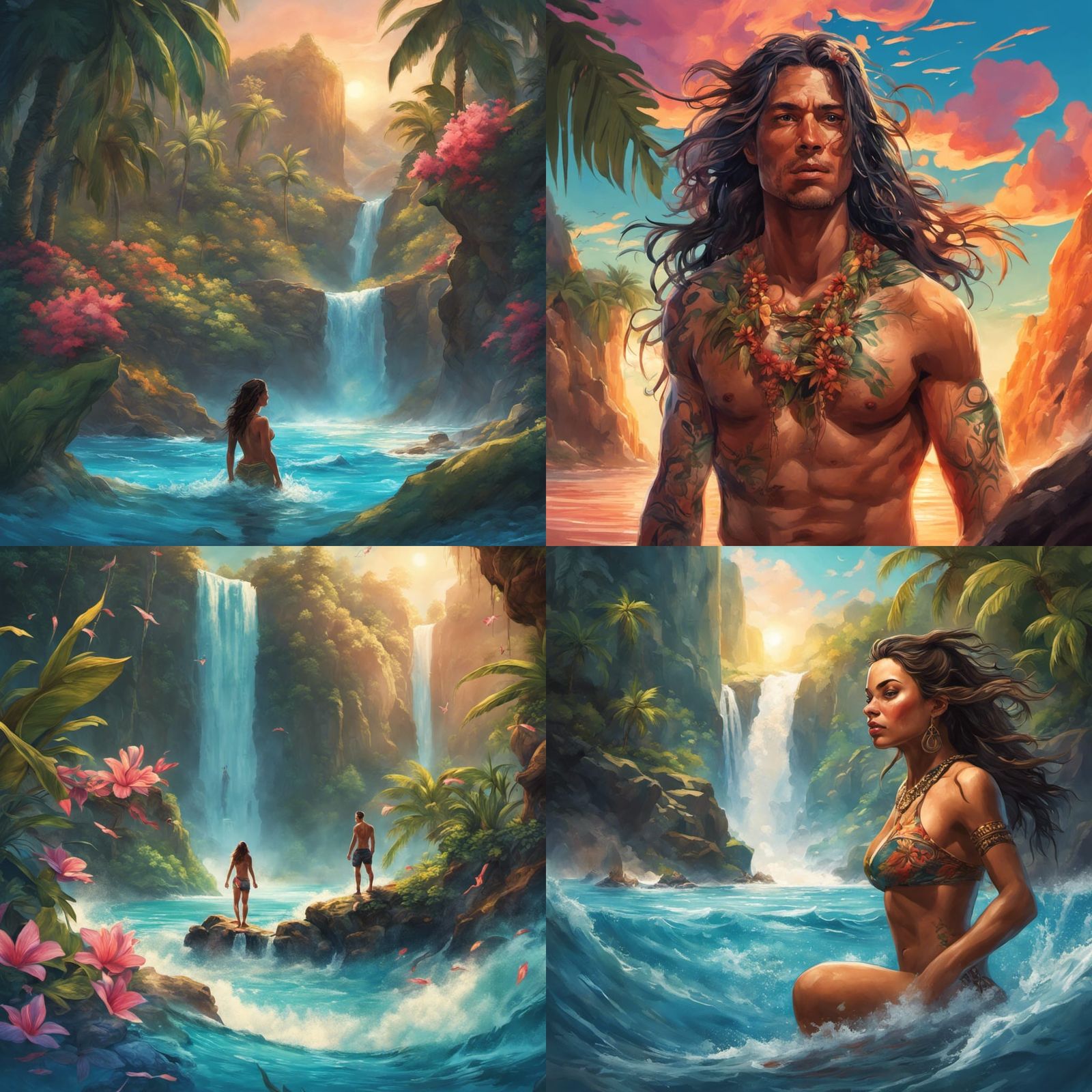 A handsome Hawaiian man and a beautiful Hawaiian woman with tribal tattoos  swimming under a waterfall in beautiful Hawaii with tropical flo... - AI  Generated Artwork - NightCafe Creator