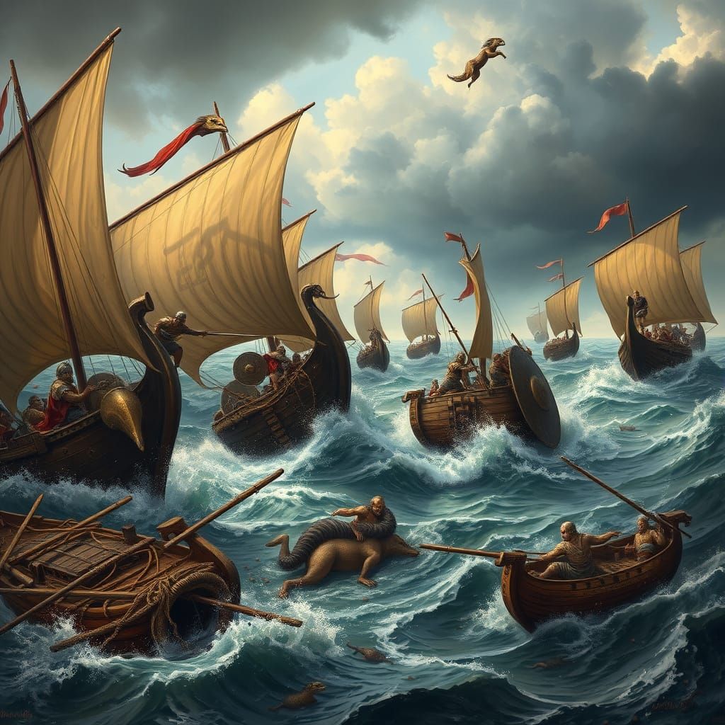 Greek Triremes Clash with Viking Longboats in Turbulent Sea