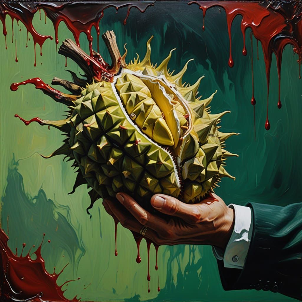 The most glorious Durian being held in a bloody hand. Random Blood splatters steampunk engine