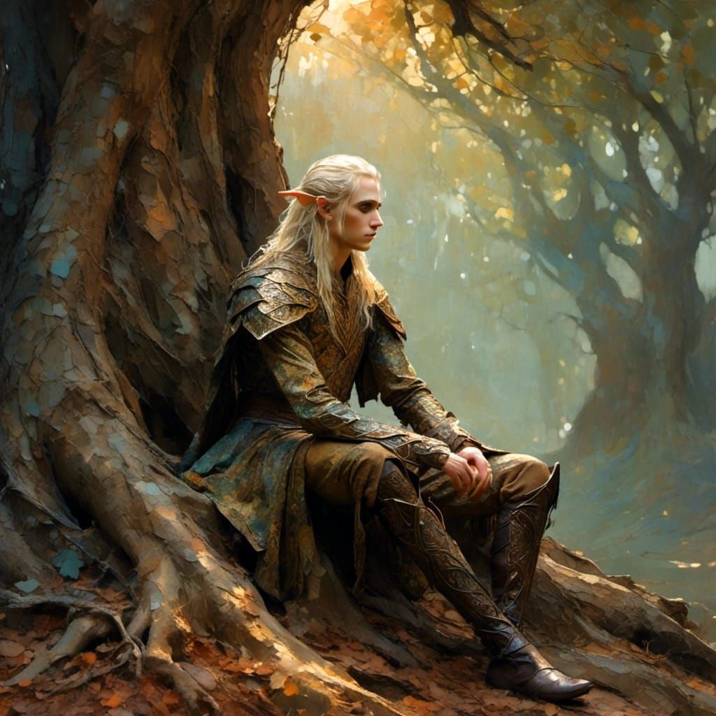  <lora:Filigree Oils:1.0> handsome  elven prince brooding in a forest