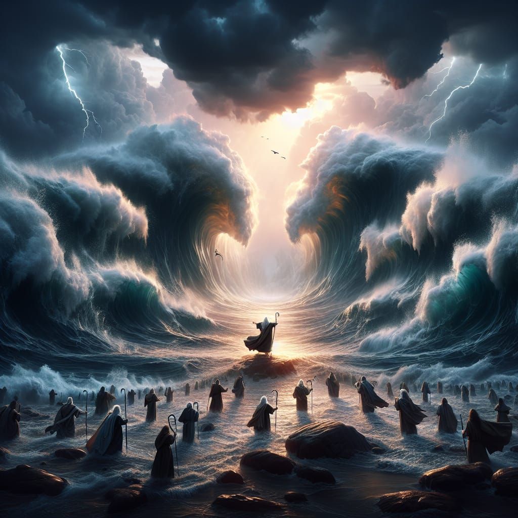 Moses parting the sea for his followers  by @Me May Phim