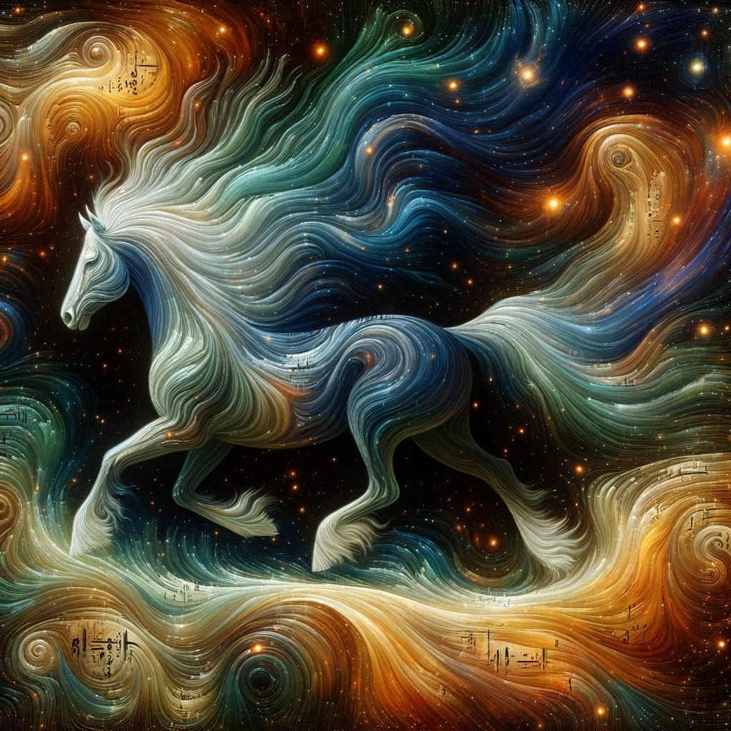 Cosmic horse galloping  through a void filled with swirling stars. 