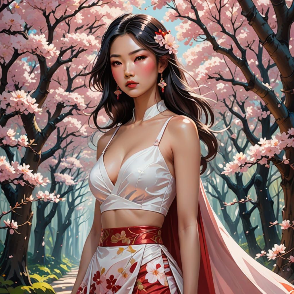 Vibrant Anime Goddess in Cherry Blossom Paradise