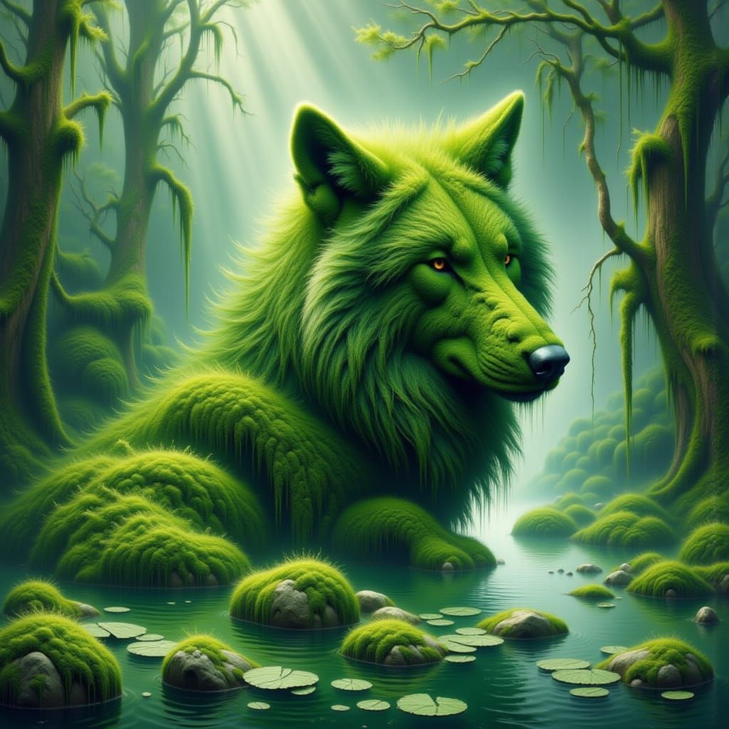 <lora:cryptogam:1.0> wolf figure made from moss and mossy stones. drawing liquid oil paint on water surface. uneven rough strokes, mixed tec...