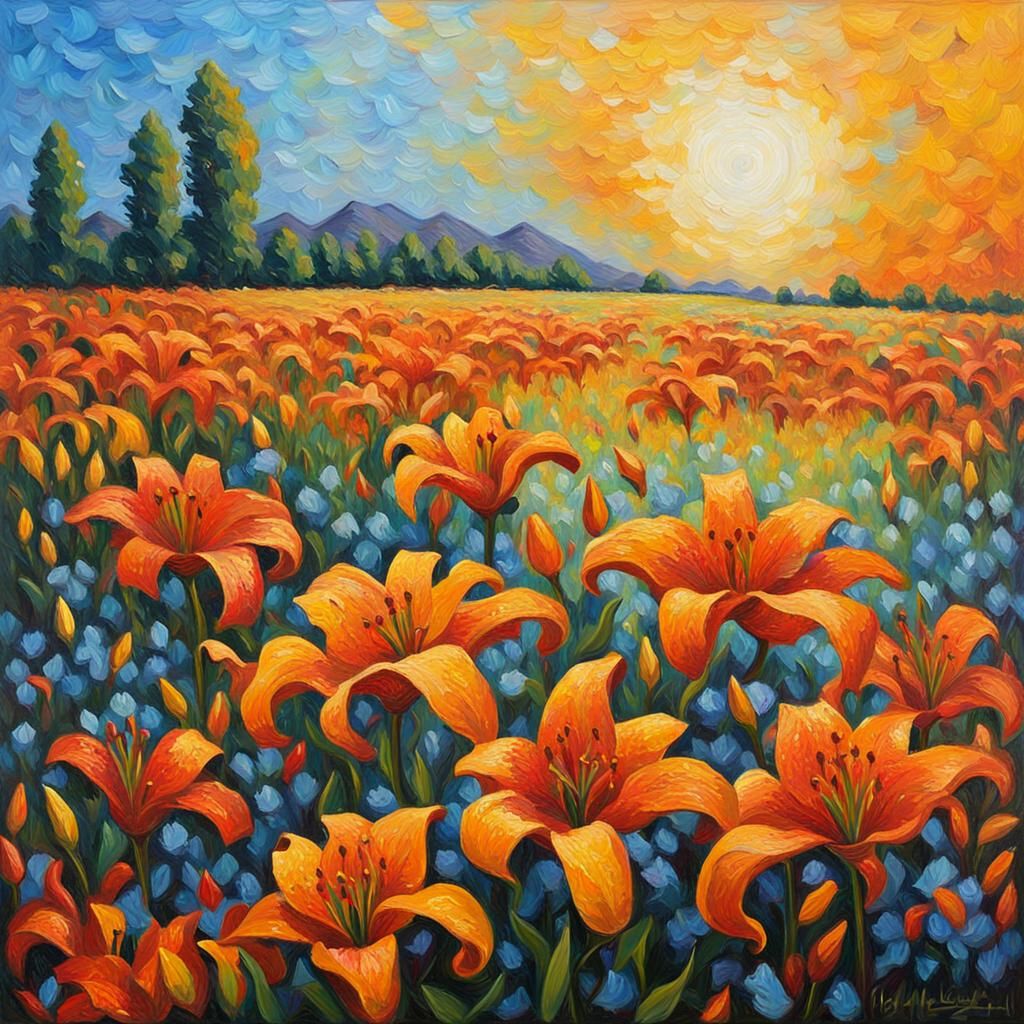 A dance of colors where the sun meets the earth, in a field of lillies
  by @Dragonlady561