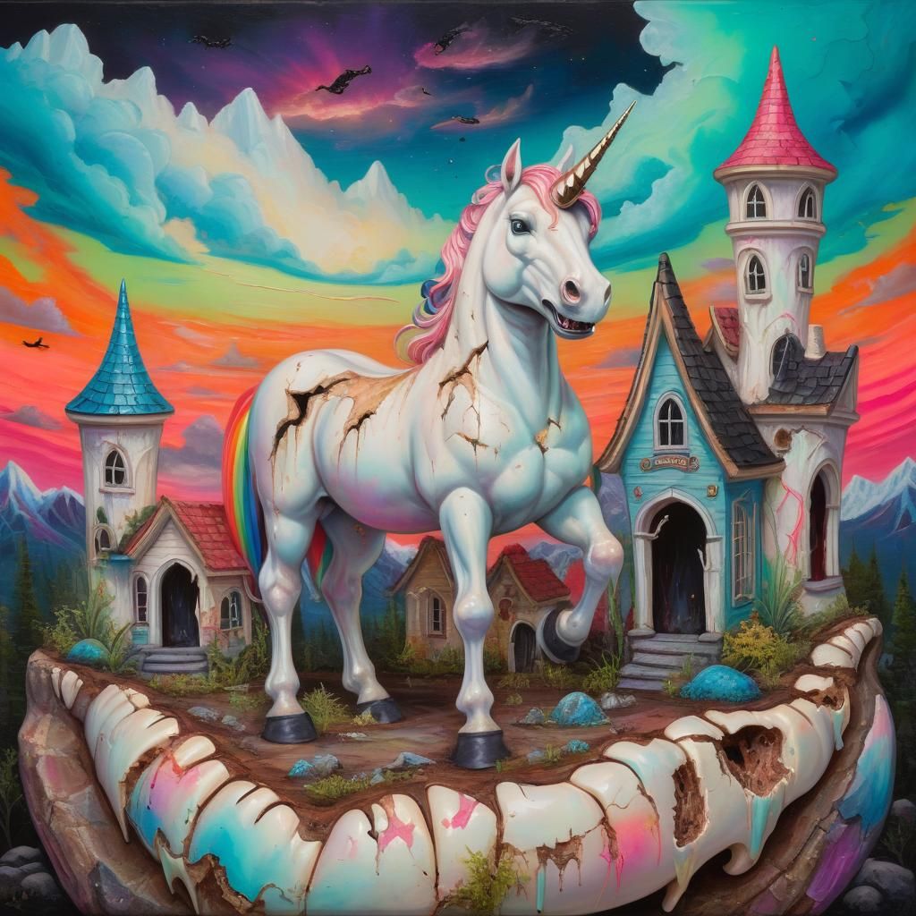 Surreal Oil Painting: Cracked Tooth with Unicorn Village and...