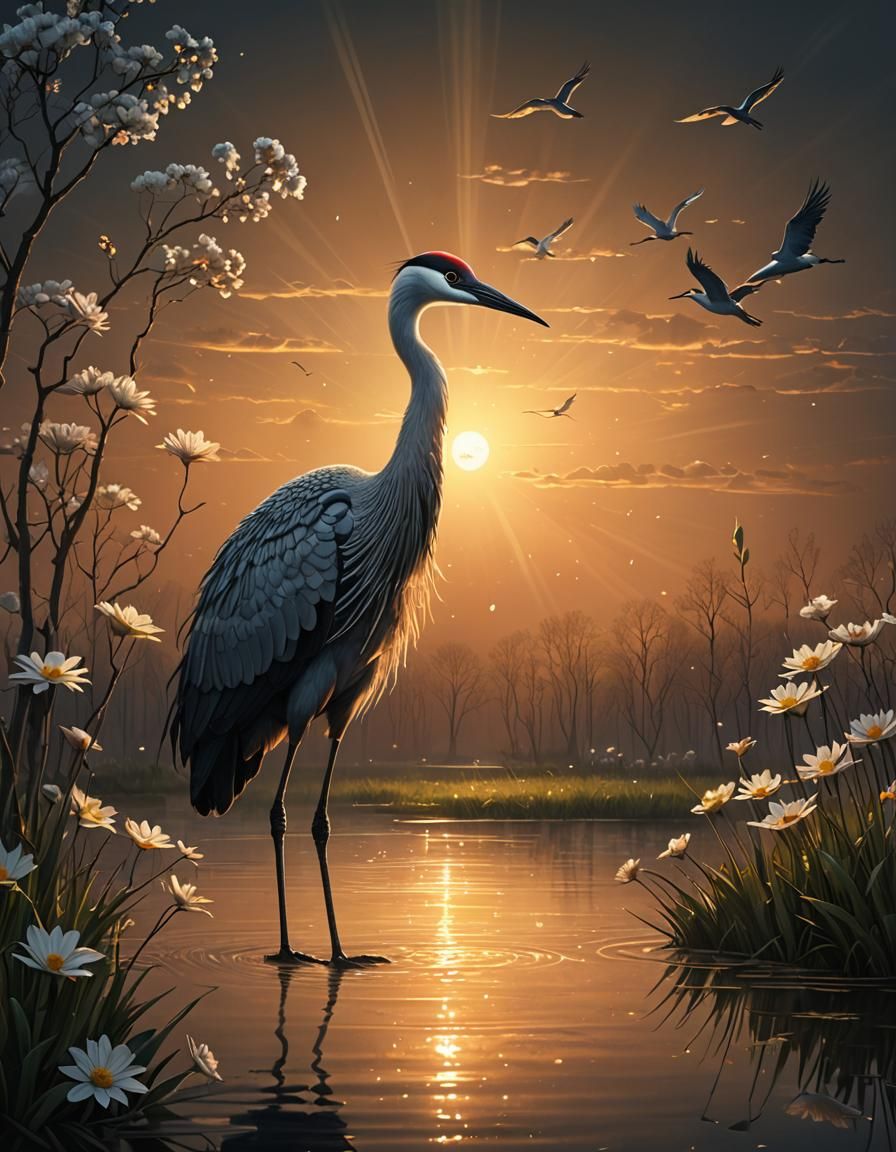  Crane at sunset  by @ArtColai