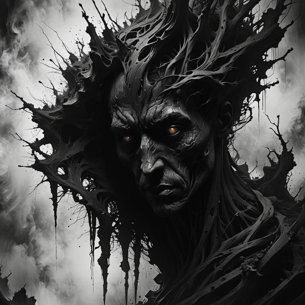 Tamara de Lempicka inspired art nouveau. Medium shot of a man's face. One half of his face seamlessly fused as a cabinet of curiosities, scu...