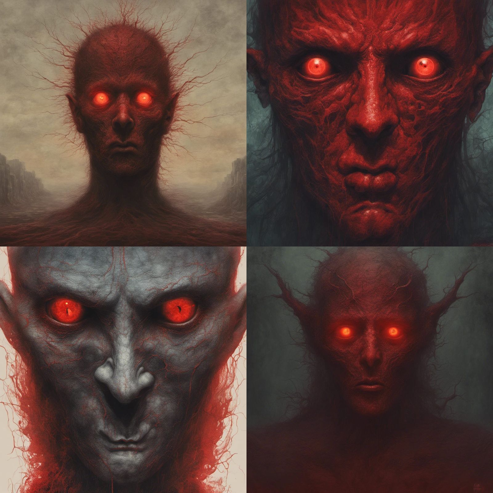 Demonnic Face Red glowing Eyes horror Zdzisław Beksiński 8k resolution