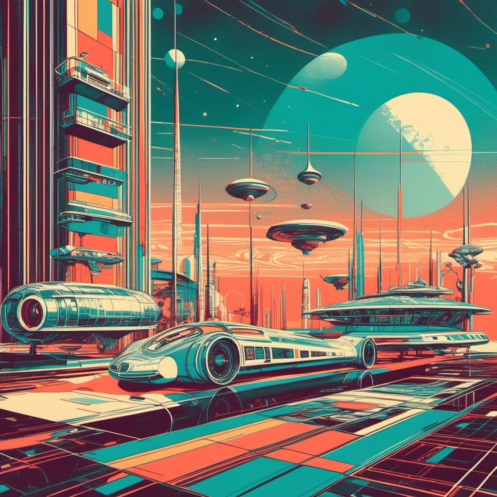 <lora:Retro Sci-Fi Utopia:0.75>
60's vintage scifi style liminal space. Screen print, pop art, splash screen art, triadic colors, digital ar...