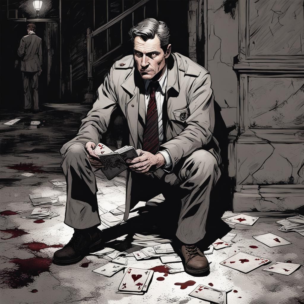 Detective searching a Crime illuminated by the harsh beam of Alistair's flashlight.  by @Annie May