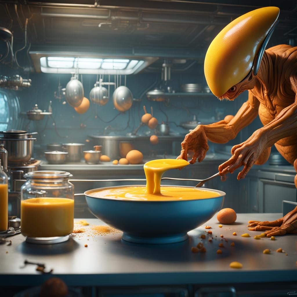 Mango Pudding being made by spaceman in an alien kitchen. The kitchen ...