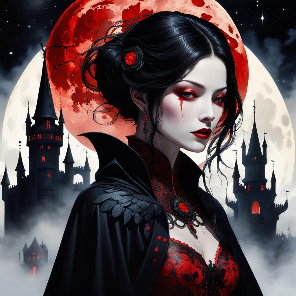 THE RAVEN Woman, piercing eyes, flawless eyes, blood moon, red glow ...