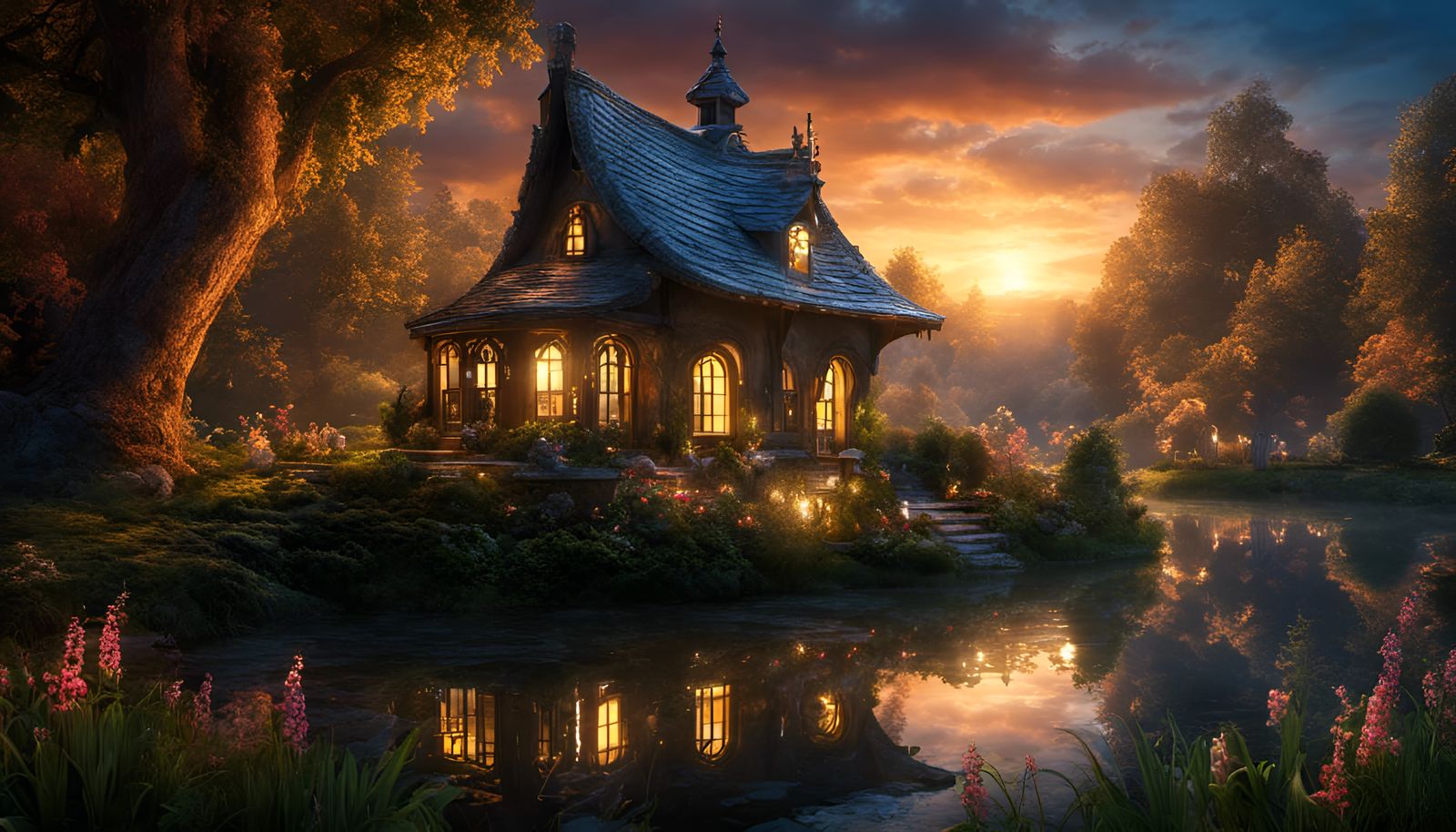 233-Fantastical Sunset at Enchanted  tiny cottage and lake and garden-9999   by @Don1944