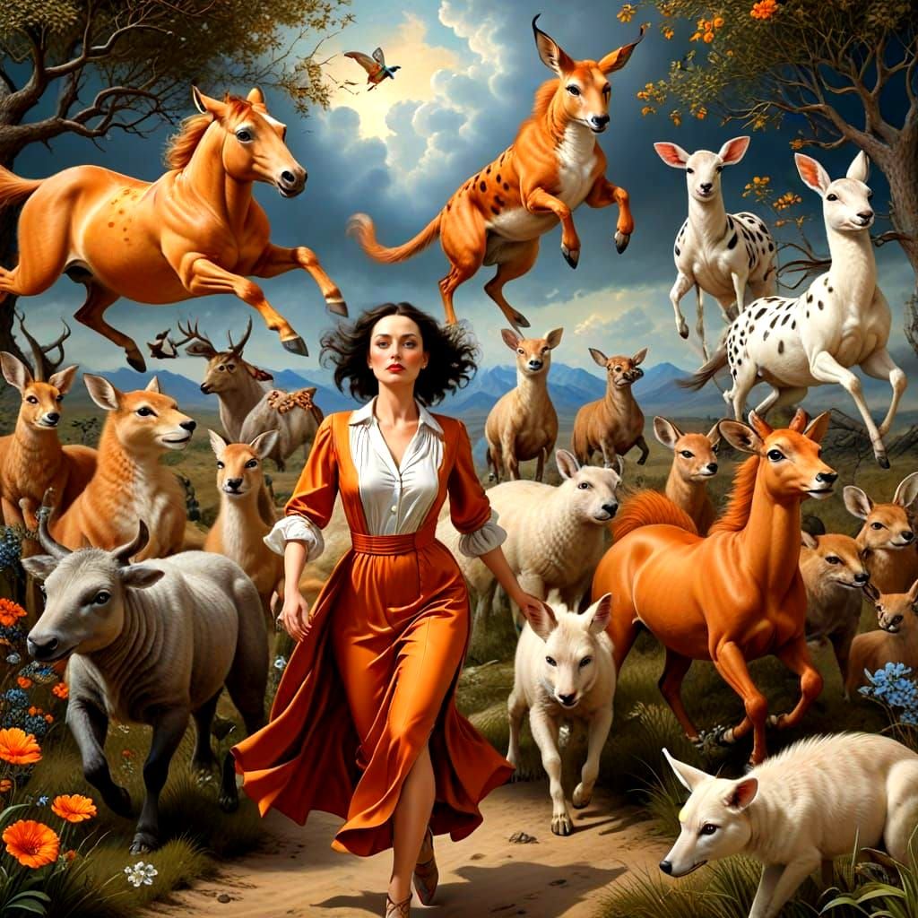 Vibrant Surreal Lady Embarks on Whimsical Adventure