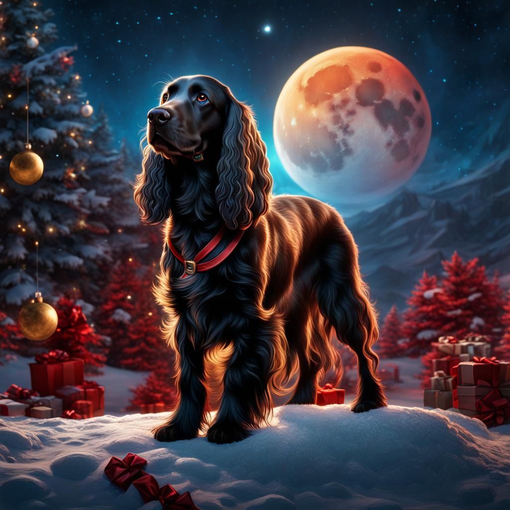 Field Spaniel on the Moon at Christmas   by @undefined
