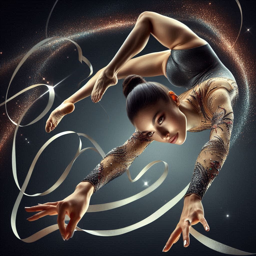 The elegant gymnast dancing with ribbons