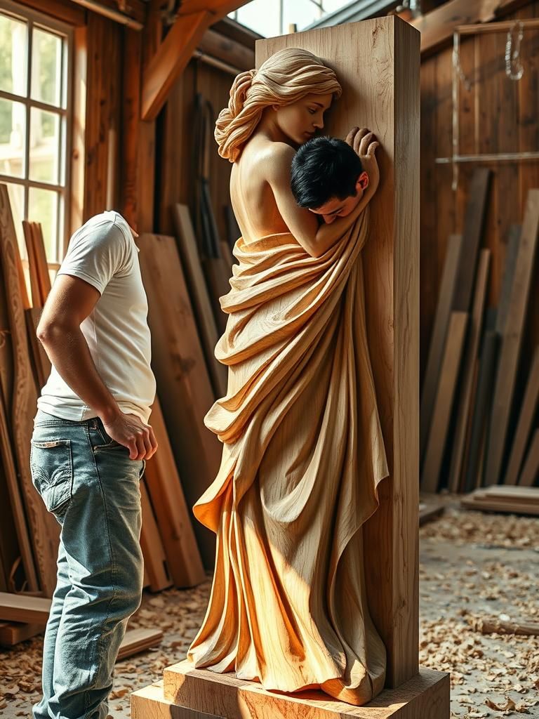 young man with a chisel wood carving a life-size modern  sculpture of an attractive woman without cloths ...  by @amazoon