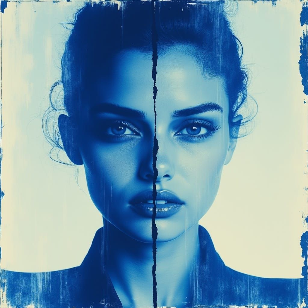 <lora:cyanotypeLike:1.0>cyanotype, blue, glitched portrait of an elegant woman, patina 