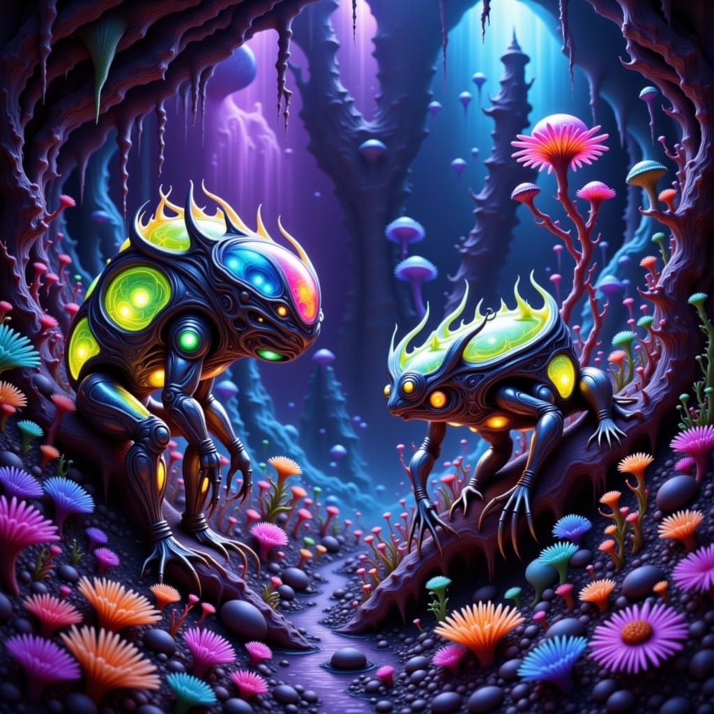 A bioluminescent alien poison dart frog with iridescent skin, observing a startled human space trooper clad in dynamic armor. They are on a ...