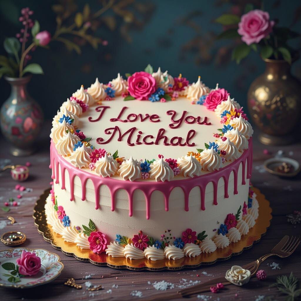 Fantastical Cake with English Writing in Matte Painting Styl...