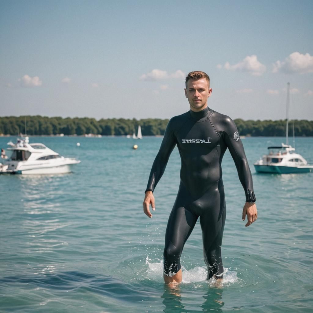 Man in Slavic Heritage Wetsuit Steps Out of Crystal Blue Wat...