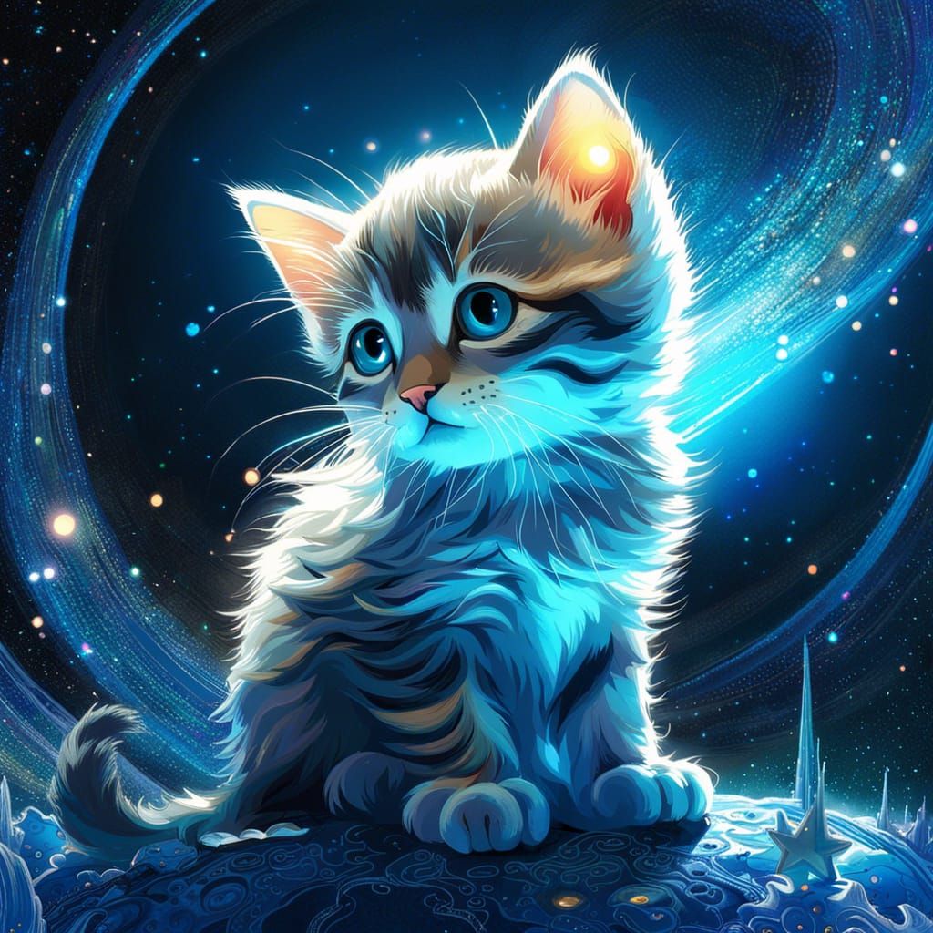 Glowing Kitten Faces Sparkling Venus in Celestial Wonderland