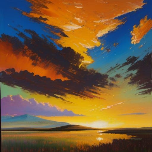 Impasto Sunset Over Tranquil Landscape