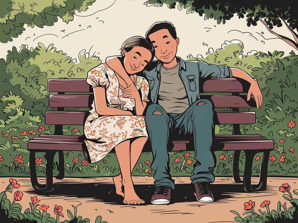 Two friends on a park bench