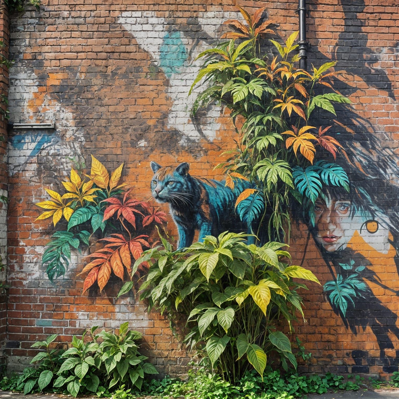 Urban street art, a mural of a jungle painted on a brick wall,  by @Tilted25