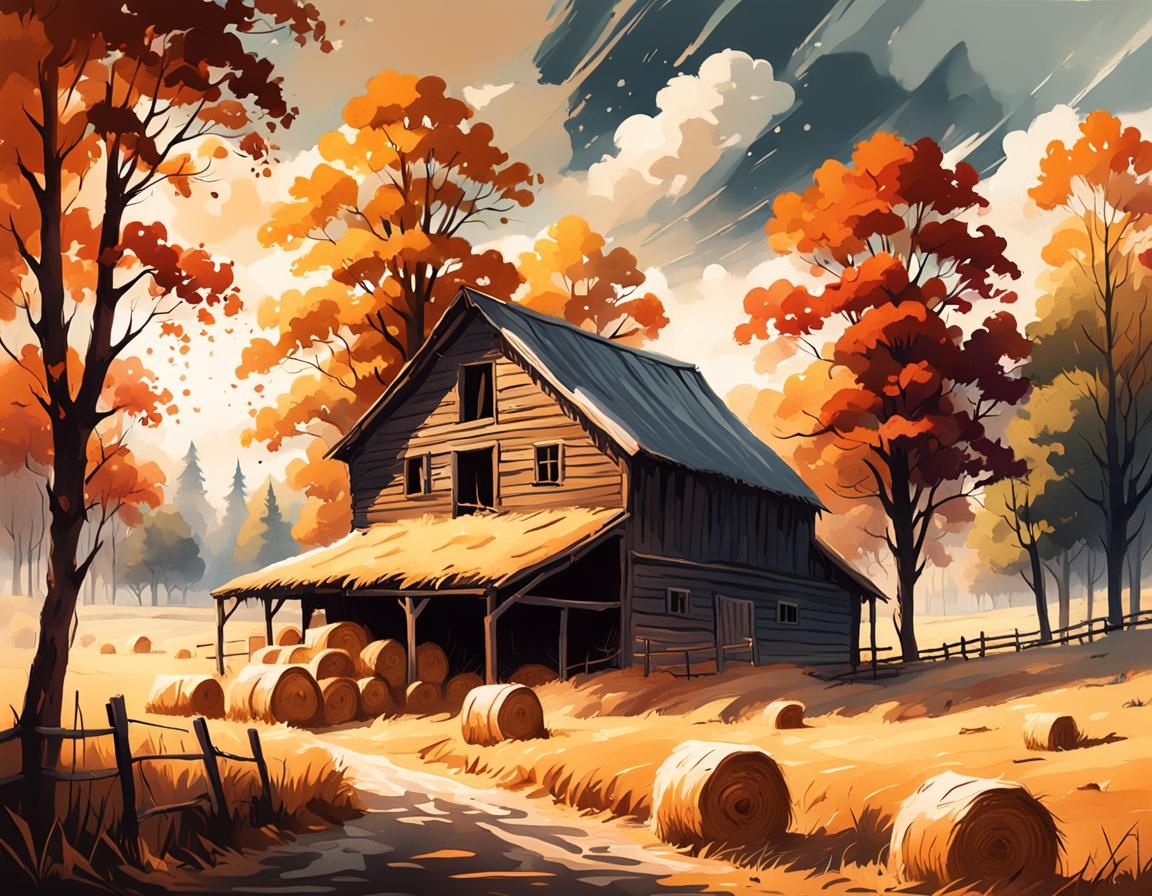 Vibrant Hay Bale Scene in Whimsical Watercolor Style