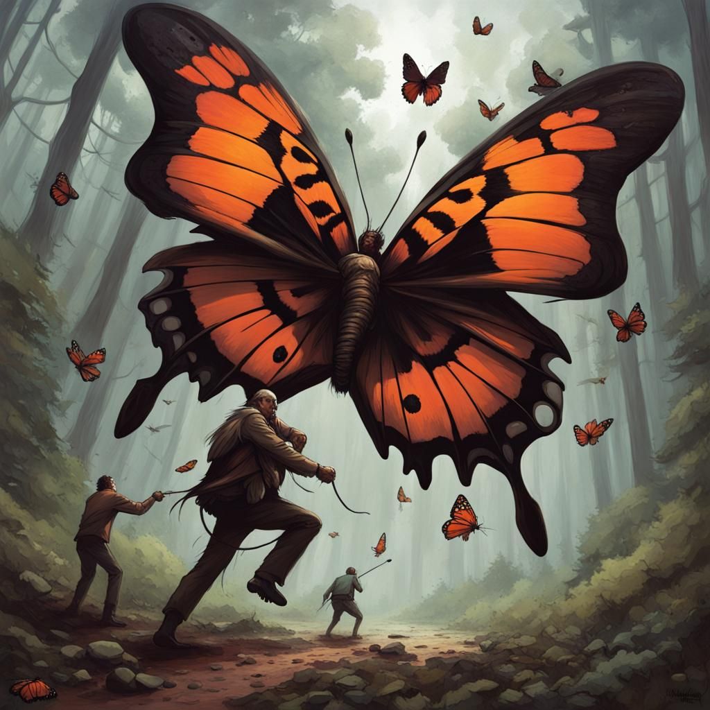 Big killer butterflies are fighting with humans AI Generated Artwork
