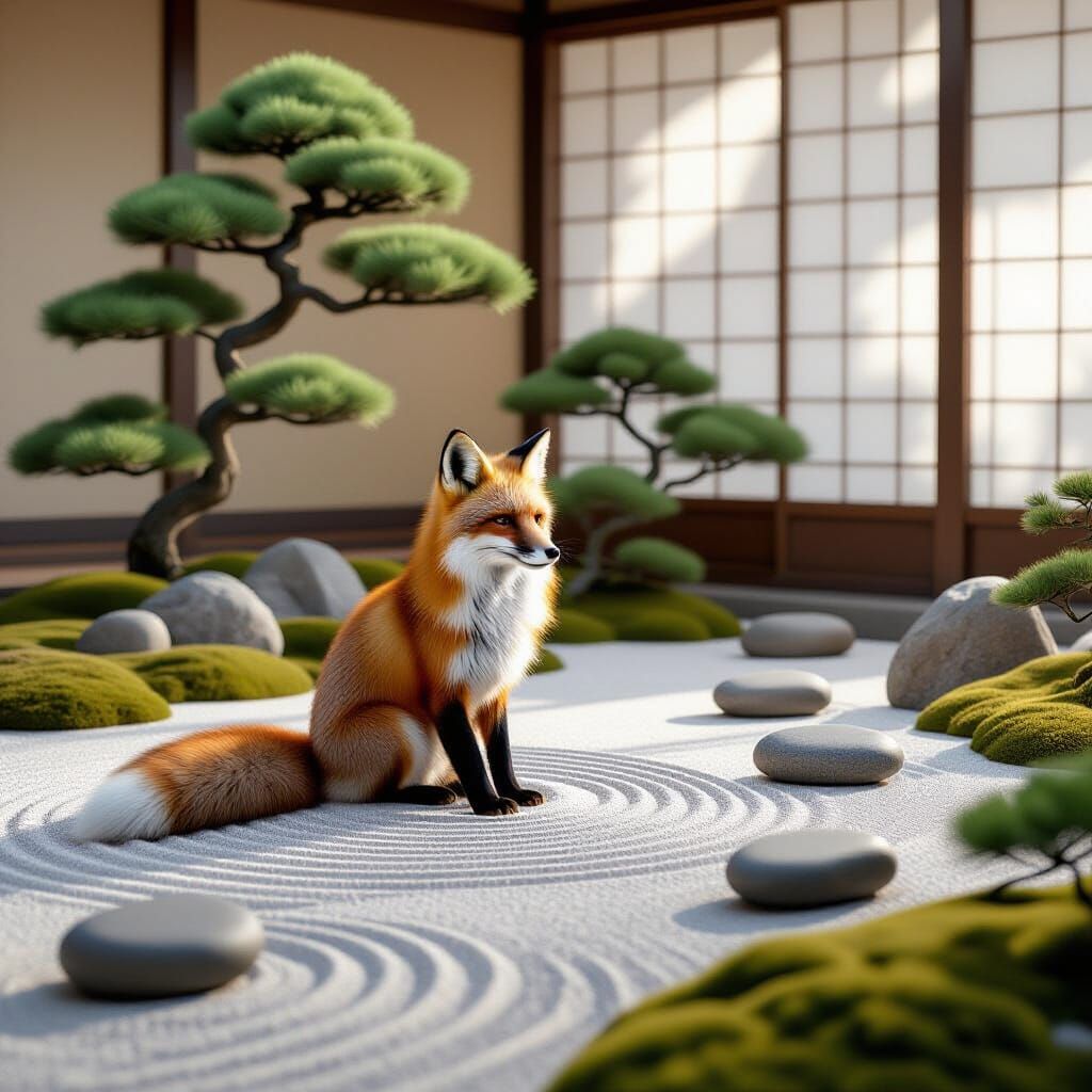 Zen Fox in Minimalist Garden: Hyperrealistic Digital Art