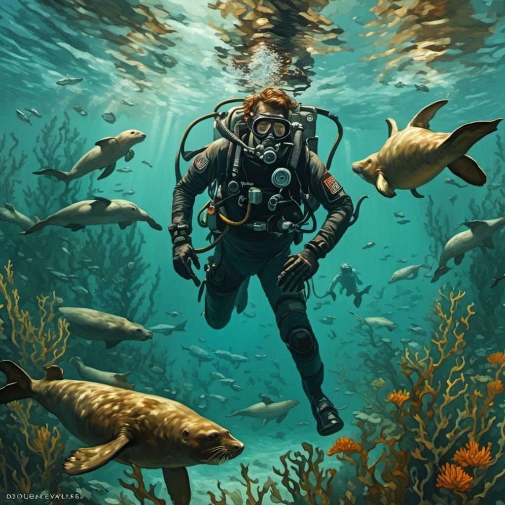 Close up detailed undersea scuba diver swimming with seals in a kelp ...