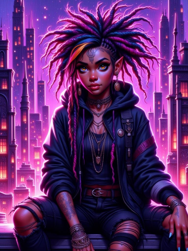 Bratz-Style Woman with Neon City View