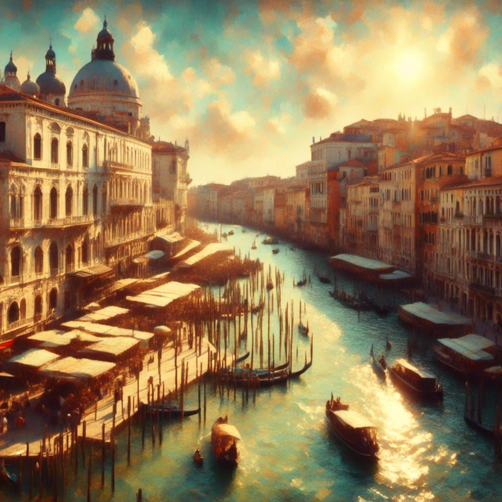 <lora:RomanticismOilXL:1.3> Venice sunny day view from the street 