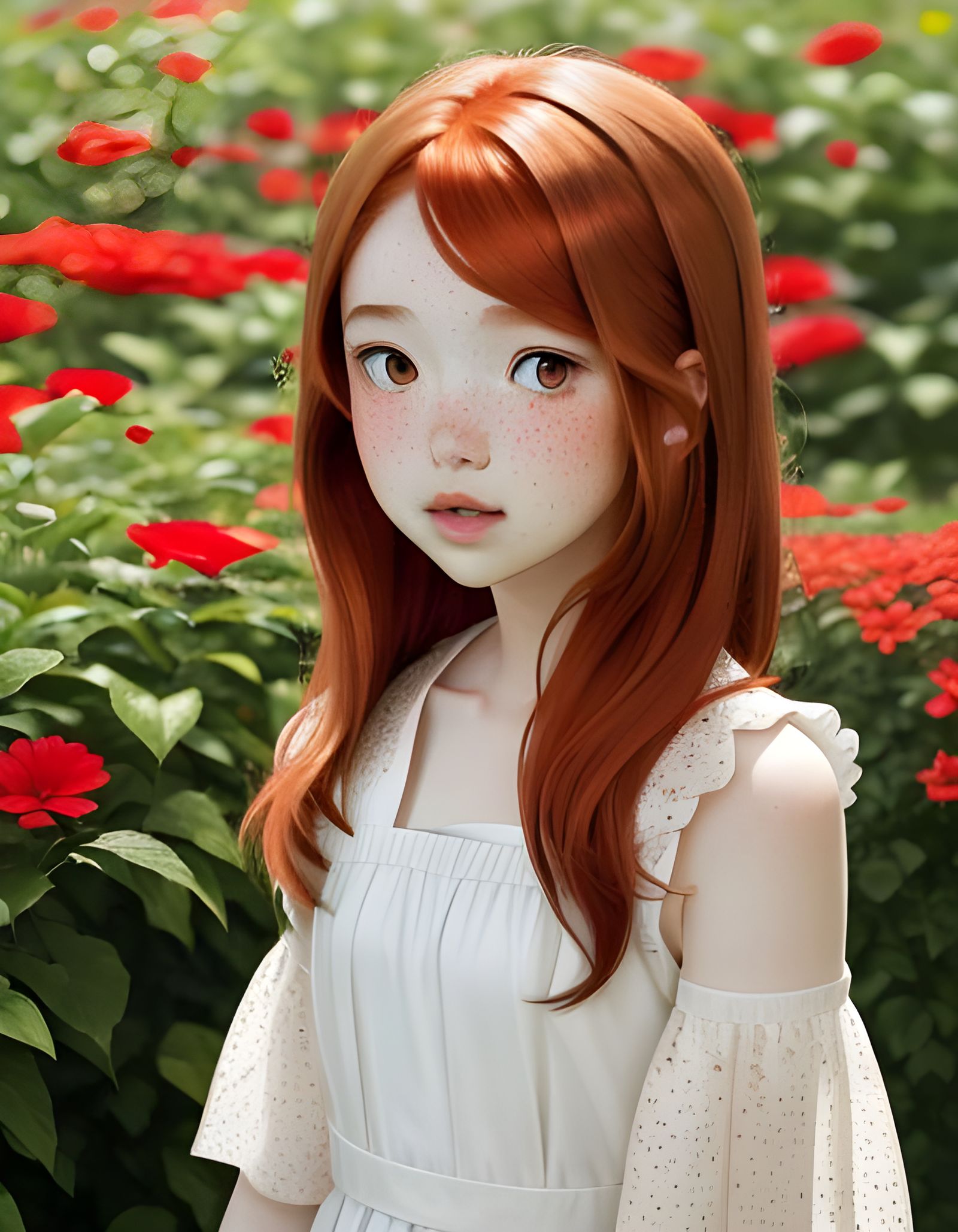 Auburn-Haired Girl Picking Flowers in Anime Style