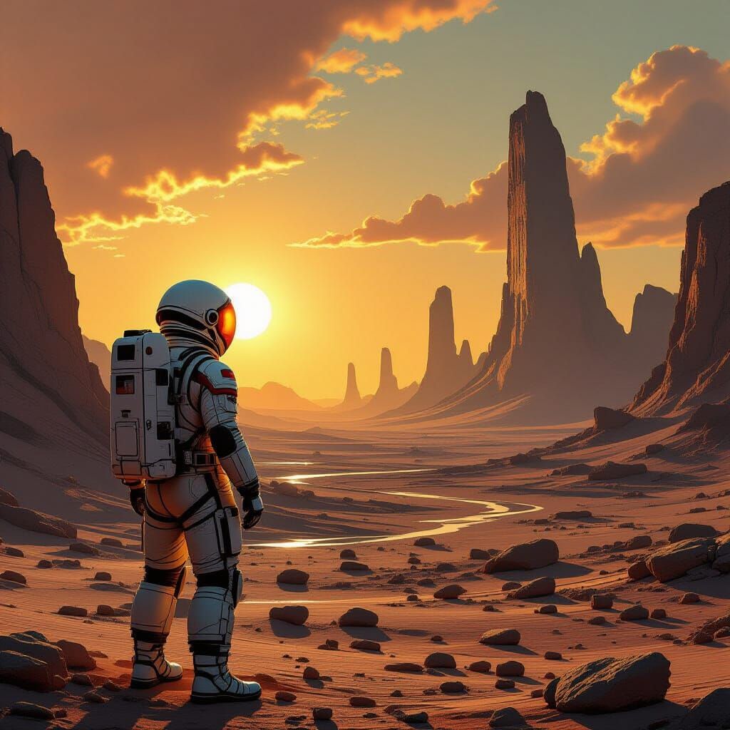 Astronaut on Alien Planet with Ancient Ruins