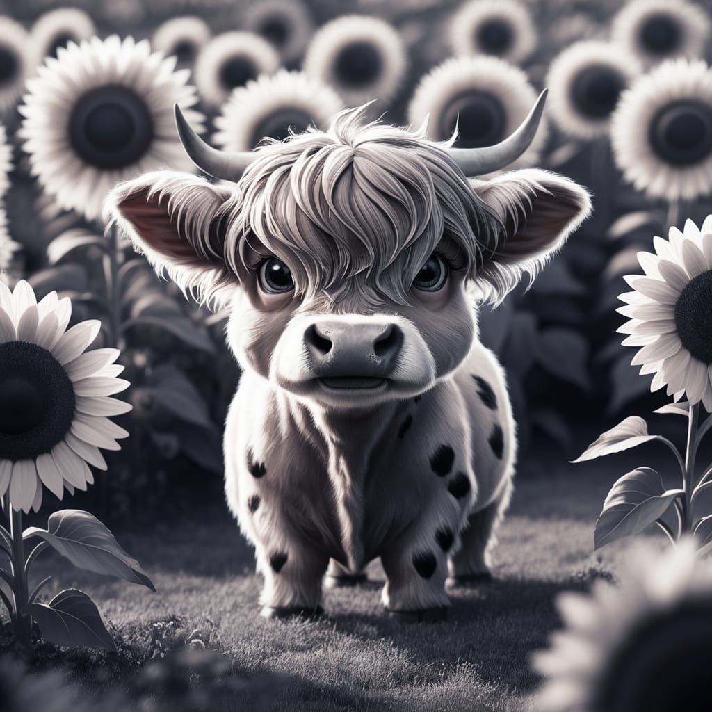 very cute tiny,highland cow , sunflowers