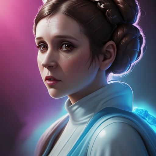Princess Leia, Hyperrealistic, splash art, concept art, mid shot, intricately detailed, color depth, dramatic, 2/3 face ...