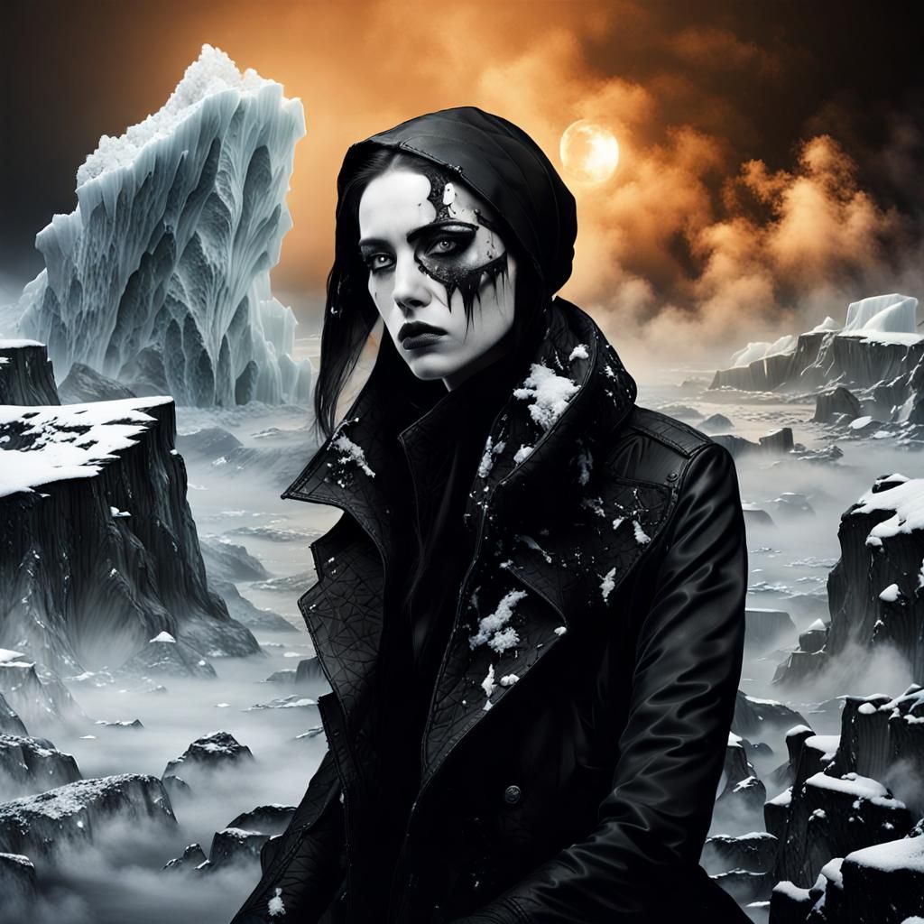 female goth fashion model. snow. ice. icebergs. fog. smoke. ...
