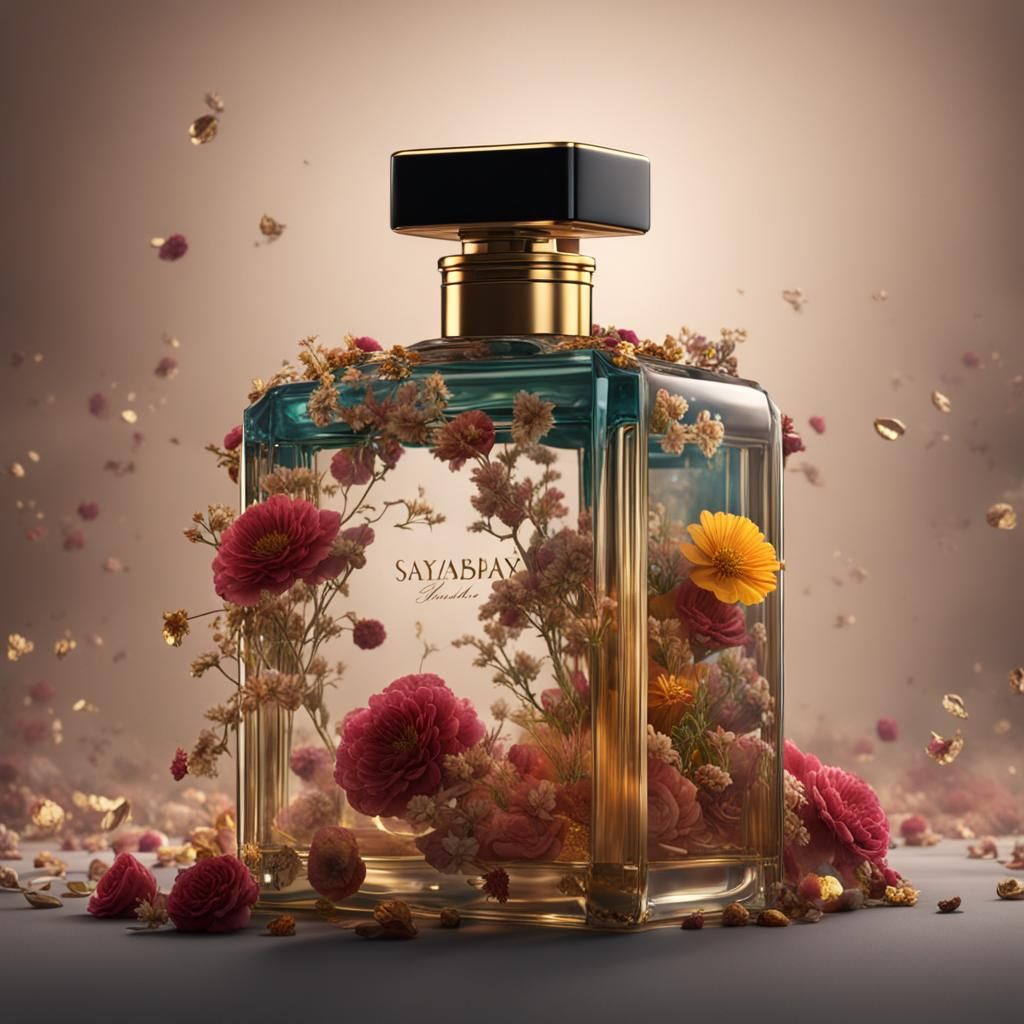 Perfume bottle transparent with real dried flowers should be royal 
The brand is Sabyasachi 
 so a logo engraved